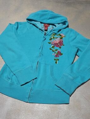 VINTAGE RARE Lucky Brand Turquoise Hoodie with Pink Floral Embroidery